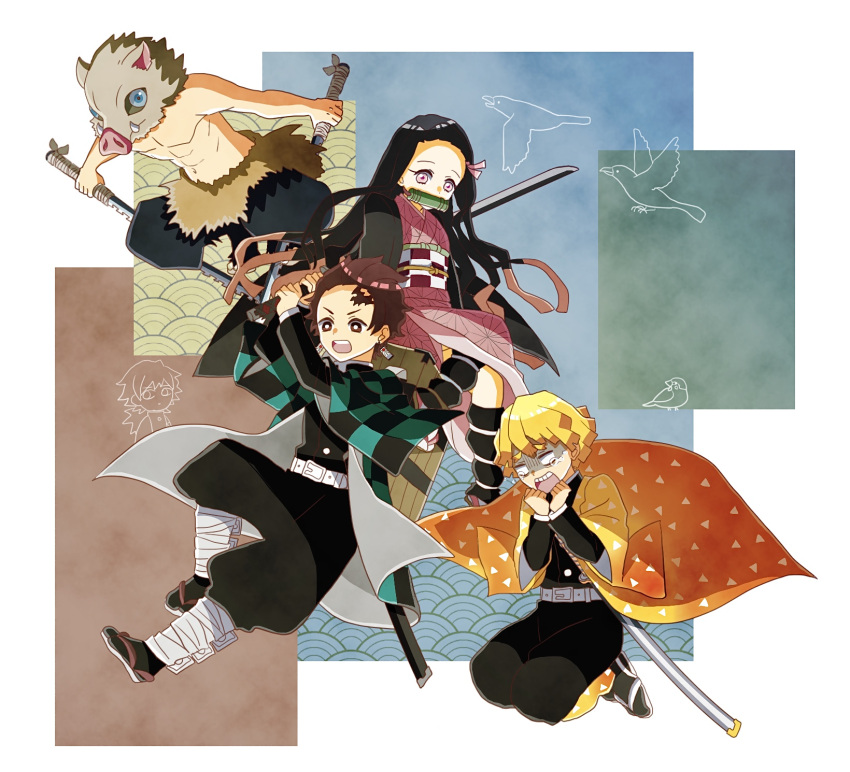 4boys agatsuma_zenitsu asa_no_ha_(pattern) bamboo belt bird bit_gag black_hair black_pants blonde_hair boar_mask brown_eyes brown_hair burn_scar checkered_clothes checkered_haori checkered_jacket checkered_sash chuntarou_(kimetsu_no_yaiba) crow demon_slayer_uniform dongurimaru_(kimetsu_no_yaiba) earrings female gag hanafuda haori hashibira_inosuke highres holding holding_sword holding_weapon jacket japanese_clothes jewelry kamado_nezuko kamado_tanjirou katana kimetsu_no_yaiba kimono multiple_boys obi open_mouth pants pink_eyes pink_kimono print_jacket print_kimono sandals sash scar scar_on_face scar_on_forehead sparrow sword tears tennouji_matsuemon tomioka_giyuu triangle_print weapon white_belt yuzuponzu