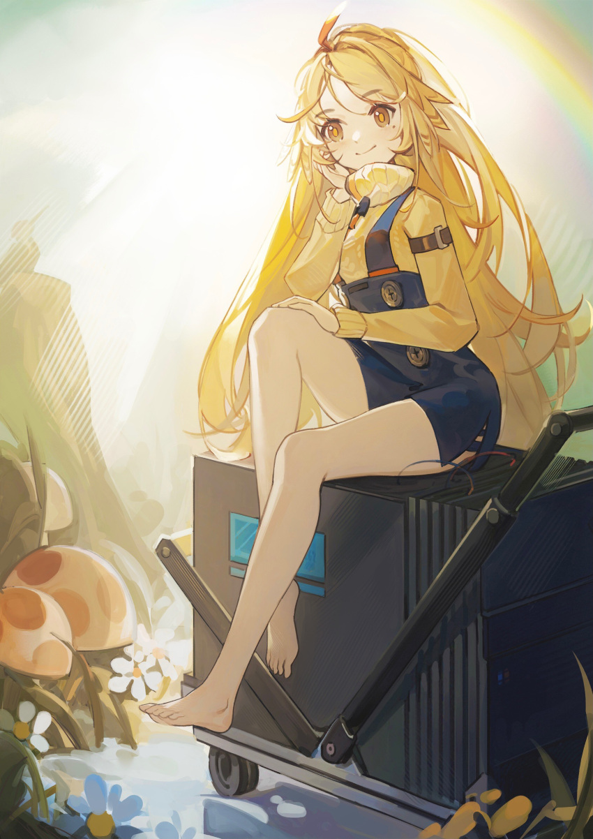 ahoge arknights arm_strap arm_support bare_legs barefoot blush bright_pupils brown_eyes buttons commentary dress feather_hair feathers feet female flower highres long_hair long_sleeves mole mole_under_eye mushroom pen_liangshui_po_ya_po pinafore_dress pinecone_(arknights) side_slit sitting sleeveless sleeveless_dress solo sweater toes turtleneck turtleneck_sweater very_long_hair white_flower wire yellow_pupils yellow_sweater