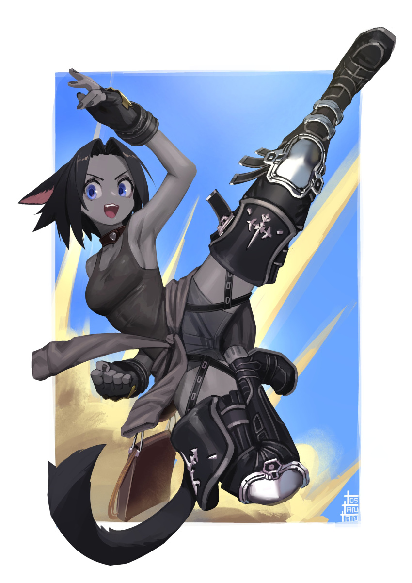 absurdres animal_ears armpits bag black_hair blue_eyes boots choker clothes_around_waist colored_skin commentary english_commentary female final_fantasy final_fantasy_xiv fingerless_gloves flying_kick gloves grey_skin highres kicking knee_pads looking_at_viewer midd_night miqo'te shirt shirt_around_waist short_hair shorts signature solo tail tank_top thigh_boots thighhighs tostantan warrior_of_light_(ff14)