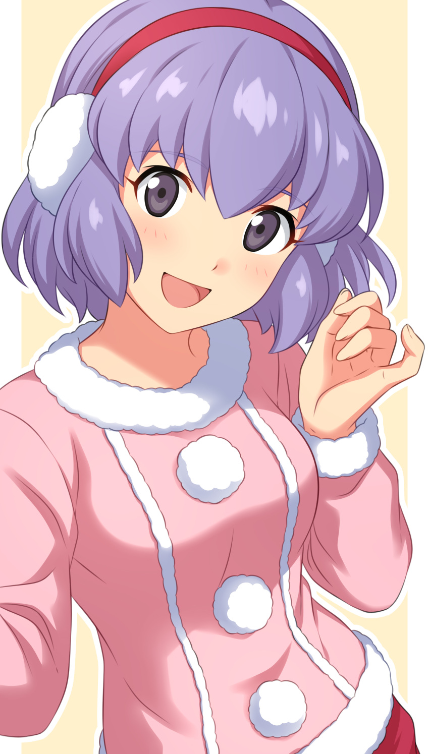 :d absurdres blush cowboy_shot danball_senki earmuffs female fingernails grey_eyes hand_up head_tilt highres kawamura_ami long_sleeves looking_at_viewer medium_hair open_mouth outline pillarboxed pink_sweater pinky_out pom_pom_(clothes) purple_hair sekina smile solo sweater white_outline yellow_background