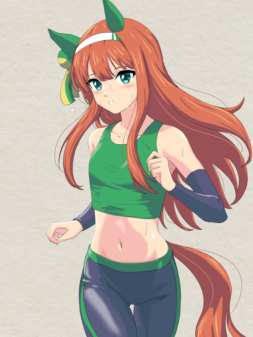 animal_ears black_pants black_sleeves blush brown_hair collarbone crop_top detached_sleeves female flat_chest floating_hair green_eyes grey_background grin hairband highres horse_ears horse_girl horse_tail long_hair long_sleeves midriff navel pants running sidelocks silence_suzuka_(umamusume) skin_tight smile solo stomach sweat tail thigh_gap umamusume white_hairband zenbrush2