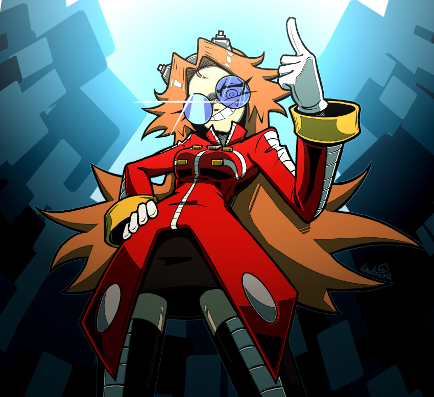 absurdres black_skirt black_thighhighs breasts coat dr._eggman eggmaam female from_below genderswap_(mtf) glasses gloves grin hand_on_own_hip highres index_finger_raised limehazard long_hair looking_at_viewer orange_hair red_coat rule_63 skirt smile solo sonic_(series) spiked_hair standing thighhighs very_long_hair white_gloves zipper_pull_tab