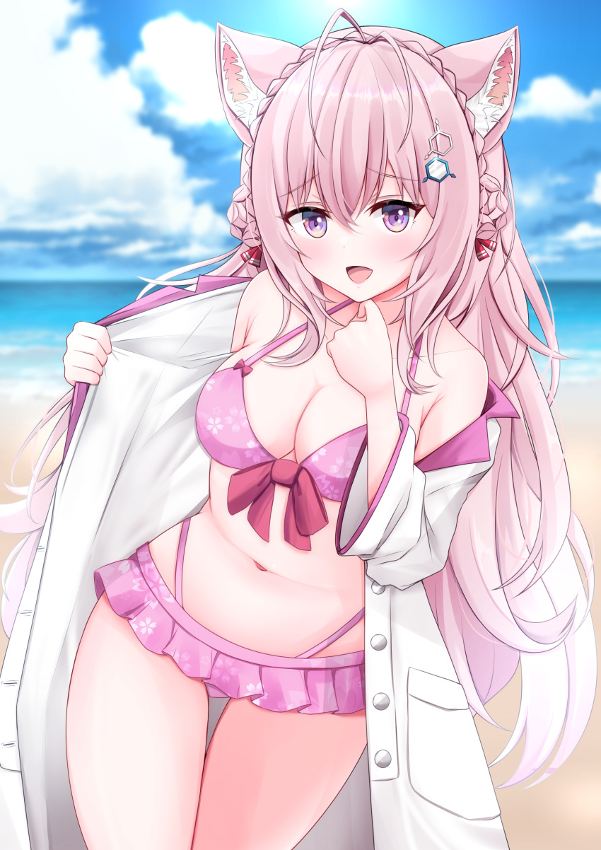 absurdres adapted_costume animal_ear_fluff animal_ears beach bikini blush braid breasts crown_braid day female hair_between_eyes hair_ornament hakui_koyori hakui_koyori_(1st_costume) hexagon hexagon_hair_ornament highres hololive kamesys lab_coat long_hair looking_at_viewer open_mouth outdoors pink_hair shore smile solo swimsuit virtual_youtuber water wolf_ears