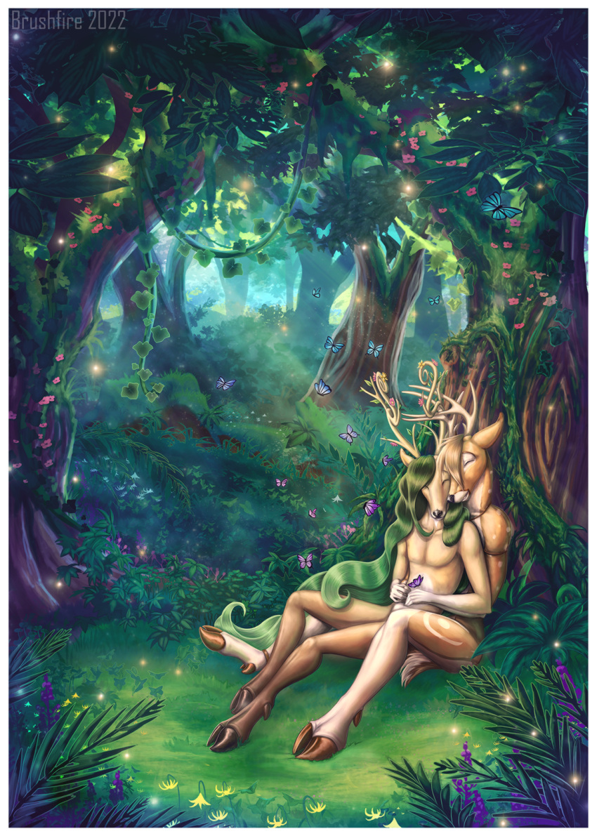 anthro arthropod brushfire butterfly cervine clothing cuddling deer digital_media_(artwork) digital_painting_(artwork) duo_focus forest glade gloves green_hair group hair handwear hi_res hug insects large_group lepidopteran love magic male male/male mammal meadow nude painting plant spring_(season) tree wildflowers