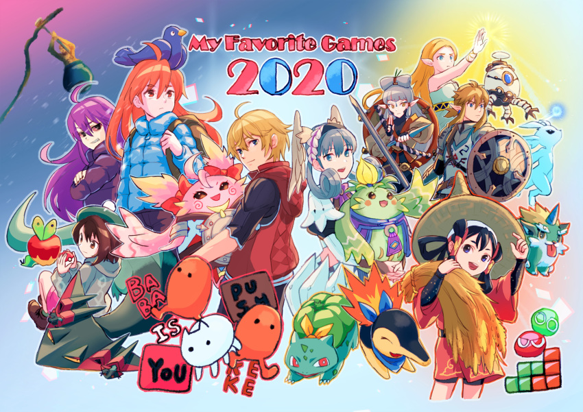 2020 2boys 6+girls :d animal_on_head applin baba_(baba_is_you) baba_is_you backpack badeline bag bird bird_on_head blonde_hair bulbasaur cauldron celeste_(video_game) character_request commentary_request copyright_name copyright_request crossover cyndaquil dark_persona diogenes_(getting_over_it) dragapult dual_persona english_text fuwamoko_momen_toufu getting_over_it grey_hair hair_rings hammer head_wings highres holding holding_poke_ball hyrule_warriors:_age_of_calamity impa in_cauldron keke_(baba_is_you) kino_(xenoblade) link long_hair madeline_(celeste) magic melia_antiqua mizura multiple_boys multiple_crossover multiple_girls nene_(xenoblade) nopon on_head open_mouth orange_eyes orange_hair ori_(ori_and_the_blind_forest) ori_and_the_blind_forest poke_ball poke_ball_(basic) pokemon pokemon_(creature) pokemon_mystery_dungeon pokemon_mystery_dungeon:_rescue_team_dx pokemon_swsh princess_zelda puyo_(puyopuyo) puyopuyo puyopuyo_tetris sakuna-hime sein_(ori_and_the_blind_forest) sheaf shield shulk_(xenoblade) sledgehammer smile soldier's_set_(zelda) sword tensui_no_sakuna-hime terrako the_legend_of_zelda the_legend_of_zelda:_breath_of_the_wild weapon wings xenoblade_chronicles:_future_connected xenoblade_chronicles_(series) xenoblade_chronicles_1