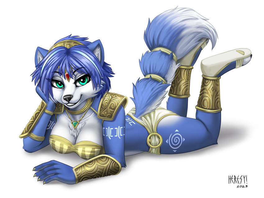 2023 4:3 5_fingers anthro arm_markings armor ass bandeau black_nose blue_body blue_fur blue_hair bottomwear bracers breasts canid canine claws cleavage clothed clothing feet_up female finger_claws fingers footwear fox fur hair heresy_(artist) krystal_(star_fox) krystal_appreciation_month leg_markings loincloth lying mammal markings multicolored_body multicolored_fur nintendo on_front pinup pose sandals shoulder_pads signature smile solo star_fox teeth thigh_markings toe_claws topwear tribal tribal_markings two_tone_body two_tone_fur white_body white_fur white_markings