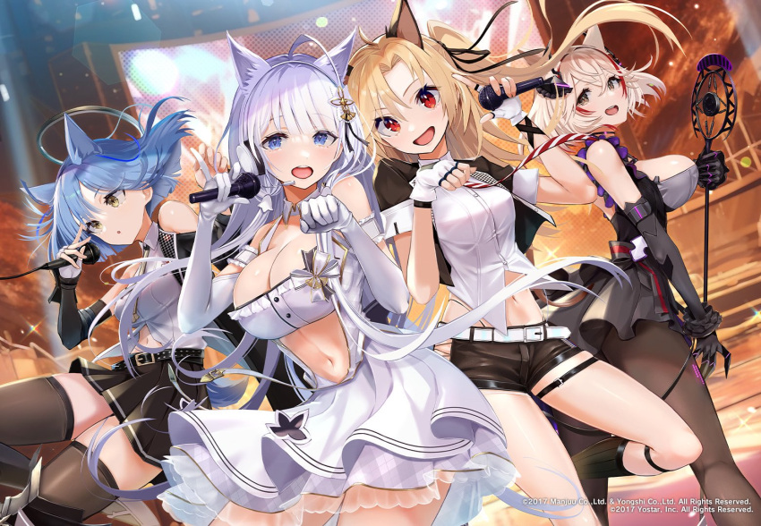 4girls :d :o animal_ears azur_lane bare_shoulders black_gloves black_shorts black_skirt blonde_hair blue_eyes blue_hair breasts cat_ears cleavage cleveland_(azur_lane) cleveland_(muse)_(azur_lane) commentary concert copyright_notice dress elbow_gloves fake_animal_ears fingerless_gloves gascogne_(azur_lane) gascogne_(muse)_(azur_lane) gloves hair_between_eyes hands_up holding holding_microphone idol illustrious_(azur_lane) illustrious_(muse)_(azur_lane) large_breasts long_hair looking_at_viewer mappaninatta medium_breasts microphone midriff multiple_girls navel official_alternate_costume official_art open_mouth parted_lips paw_pose red_eyes roon_(azur_lane) roon_(muse)_(azur_lane) shorts sidelocks skirt smile standing standing_on_one_leg teeth upper_teeth_only white_dress white_gloves white_hair yellow_eyes zettai_ryouiki