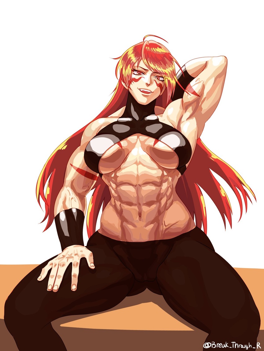 abs arm_behind_back bad_id bad_twitter_id biceps body_markings breasts commentary facial_mark female fuuma_kotarou_(tenkaichi) halterneck hand_on_lap highres japanese_clothes long_hair looking_at_viewer muscular muscular_female obliques pants red_eyes red_hair revealing_clothes road_again shade sitting smirk tenkaichi_nihon_saikyou_bugeisha_ketteisen thighs twitter_username underboob veins white_background wide_hips wristband