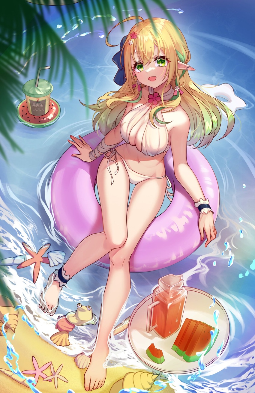 7-eleven :d ahoge ankle_garter bandaged_arm bandages bare_legs bare_shoulders barefoot beach bikini blonde_hair bow breasts clam commentary_request cup drinking_straw female flower food from_above fruit gradient_hair green_eyes green_hair hair_flower hair_ornament halterneck happy highres innertube jar multicolored_hair murasaki_satori navel outdoors palm_leaf pink_innertube pointy_ears pyonta ripples sand saohime_yue second-party_source see-through side-tie_bikini_bottom single_wrist_cuff sitting smile solo splashing starfish swim_ring swimsuit touhou virtual_youtuber wactor_production water watermelon watermelon_slice white_bikini wrist_cuffs