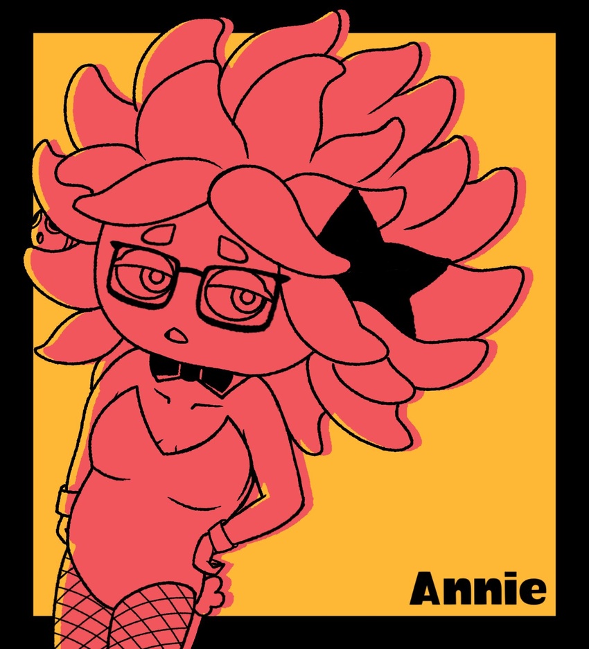 anemonemisc animal_humanoid annie_(splatoon) anthozoan anthozoan_humanoid big_hair bow_tie bunny_costume clothing clownfish cnidarian cnidarian_humanoid costume eyewear female fish fishnet_clothing fishnet_legwear flat_chested glasses hair hand_on_hip hi_res humanoid legwear looking_aside marine marine_humanoid nintendo pomacentrid pseudo_hair rectangular_glasses sea_anemone sea_anemone_humanoid simple_background solo splatoon text yellow_background