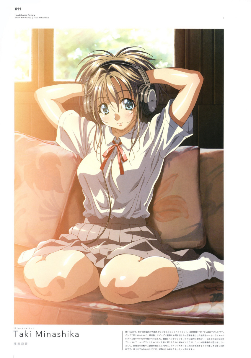 adjusting_hair arms_behind_head arms_up artist_name blue_eyes brown_hair couch dress_shirt female grey_skirt headphones highres kneeling light_smile no_shoes original pleated_skirt scan school_uniform shiny_skin shirt shirt_tucked_in short_sleeves sitting skirt socks solo taki_minashika thick_thighs thighs third-party_source translation_request wariza white_shirt white_socks