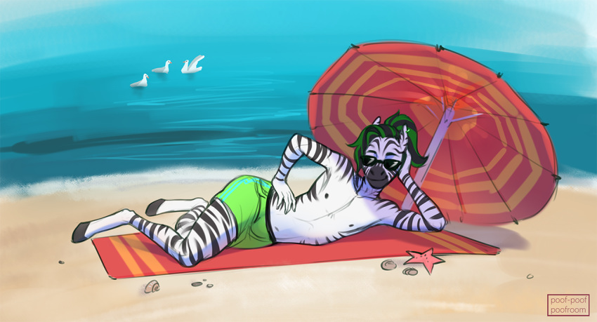 2020 5_fingers anthro ashley_bandes beach day detailed_background digital_media_(artwork) equid equine fingers green_hair hair hooves male mammal outside poofroom sand seaside shoreline solo water zebra