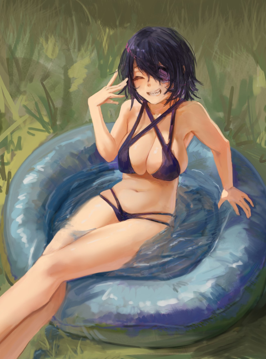 bikini breasts cleavage closed_eyes eyepatch facing_viewer feet_out_of_frame female grass halterneck hand_up highres kantai_collection large_breasts navel no_headgear noccu one_eye_covered outdoors purple_bikini purple_hair sharp_teeth short_hair sitting smile solo swimsuit teeth tenryuu_(kancolle) wading_pool water