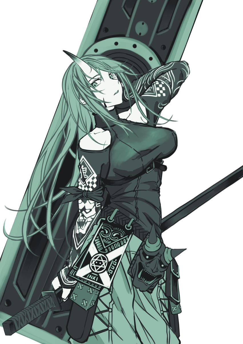 absurdres arknights arm_up bare_shoulders belt breasts clothing_cutout cowboy_shot female highres holding holding_sword holding_weapon horns hoshiguma_(arknights) hoshiguma_(ronin_huntress)_(arknights) katana kuromu large_breasts long_hair long_sleeves mask monochrome official_alternate_costume oni_mask pants scabbard sheath sheathed shirt shoulder_cutout single_horn solo standing sword very_long_hair weapon