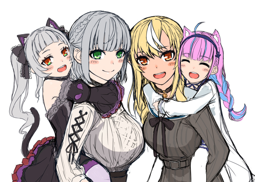 4girls aged_down animal_ear_fluff animal_ears bare_shoulders belt black_dress blonde_hair blue_hair blush braid breasts brown_eyes carrying cat_ears cat_tail commentary_request dark-skinned_female dark_elf dark_skin dress elf extra_ears gothic_lolita green_eyes grey_belt grey_hair hololive large_breasts lolita_fashion medium_breasts minato_aqua minato_aqua_(sailor) multicolored_hair multiple_girls murasaki_shion murasaki_shion_(gothic_lolita) off-shoulder_dress off_shoulder official_alternate_costume open_mouth piggyback pointy_ears purple_hair sazare_(sazare_az) shiranui_flare shiranui_flare_(street) shirogane_noel shirogane_noel_(casual) short_bangs simple_background smile sweater tail twin_braids virtual_youtuber white_background