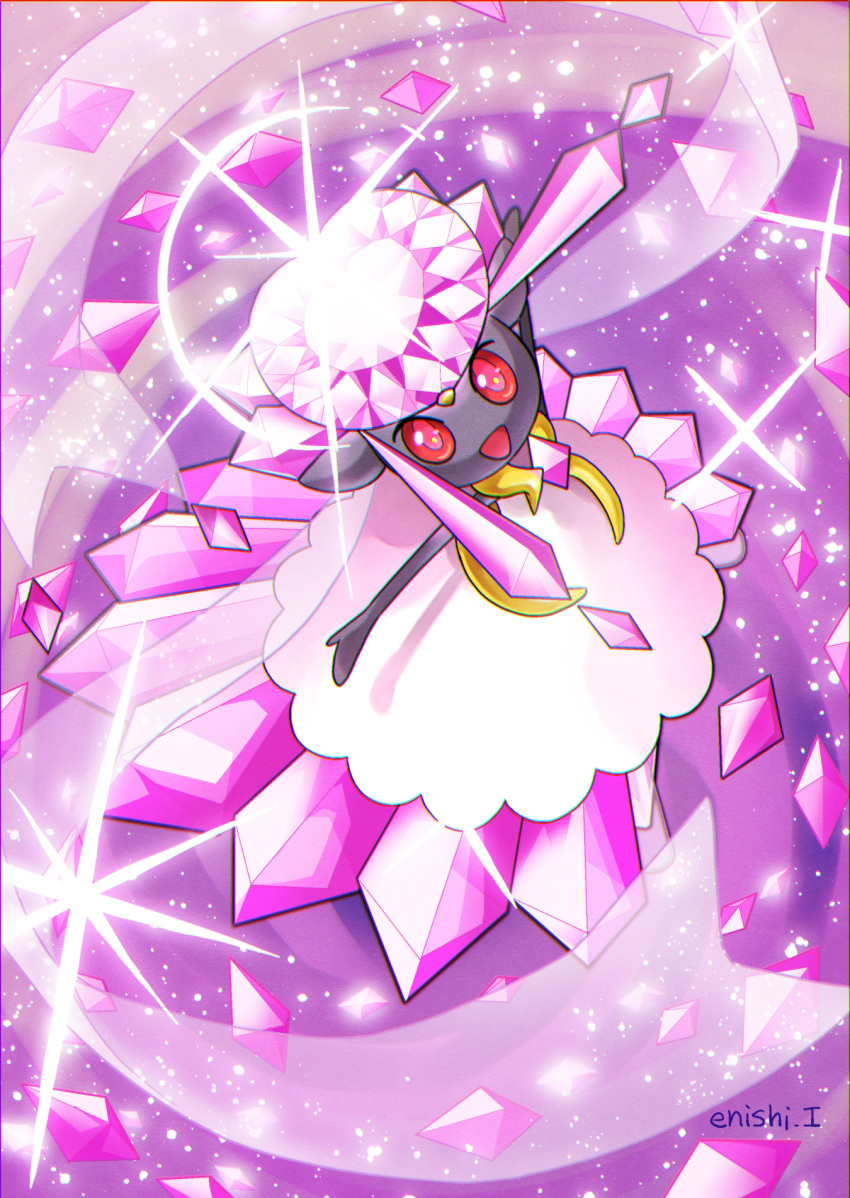 :d bad_id bad_pixiv_id border commentary_request diancie from_above full_body happy highres looking_at_viewer looking_up mega_diancie mega_pokemon no_humans open_mouth outstretched_arms pokemon pokemon_(creature) purple_theme red_eyes signature smile solo sparkle spread_arms yukari_(yukari21653710)