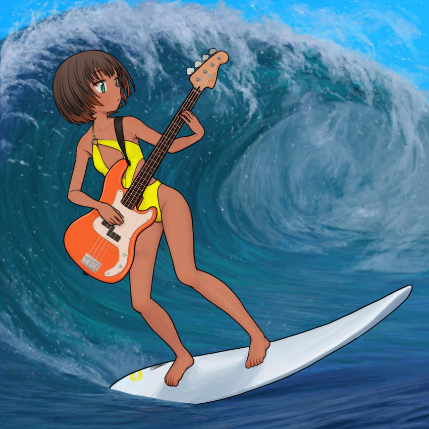 barefoot bass_guitar blue_sky blush bob_cut breasts brown_hair casual_one-piece_swimsuit cleavage_cutout clothing_cutout commentary commission dark-skinned_female dark_skin day female fender_precision_bass full_body gradient_hair green_eyes groin highres holding holding_instrument instrument looking_ahead multicolored_hair music nail_polish ocean omodaka_(nitera1041) one-piece_swimsuit orange_hair orange_nails original parted_lips photo_background pink_nails pixiv_commission playing_instrument short_hair side_cutout sky small_breasts solo surfboard surfing swimsuit toes two-tone_hair very_short_hair water waves yellow_one-piece_swimsuit