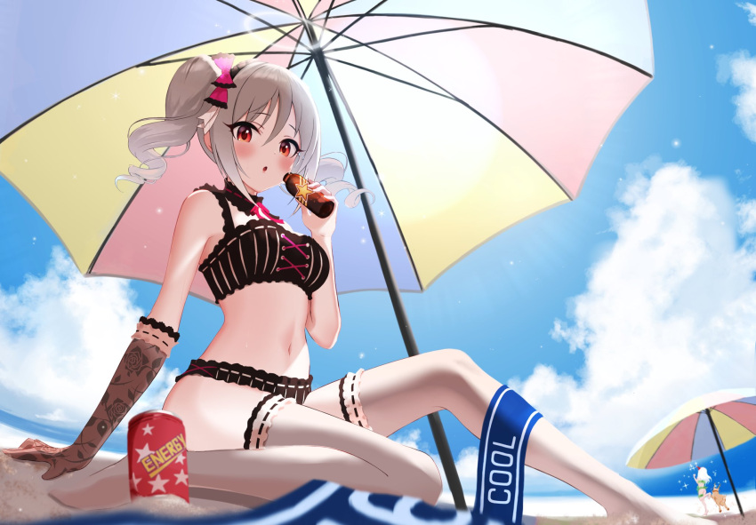 2girls ass beach_umbrella bikini blitzen blush bottle breasts cameo can cloud drill_hair elbow_gloves eve_santaclaus frilled_bikini frilled_thighhighs frills gloves grey_hair hair_ribbon highres holding holding_bottle idolmaster idolmaster_cinderella_girls kanzaki_ranko kono_(116) looking_at_viewer medium_breasts multiple_girls navel open_mouth red_eyes ribbon single_elbow_glove solo_focus swimsuit thighhighs thighs twin_drills umbrella