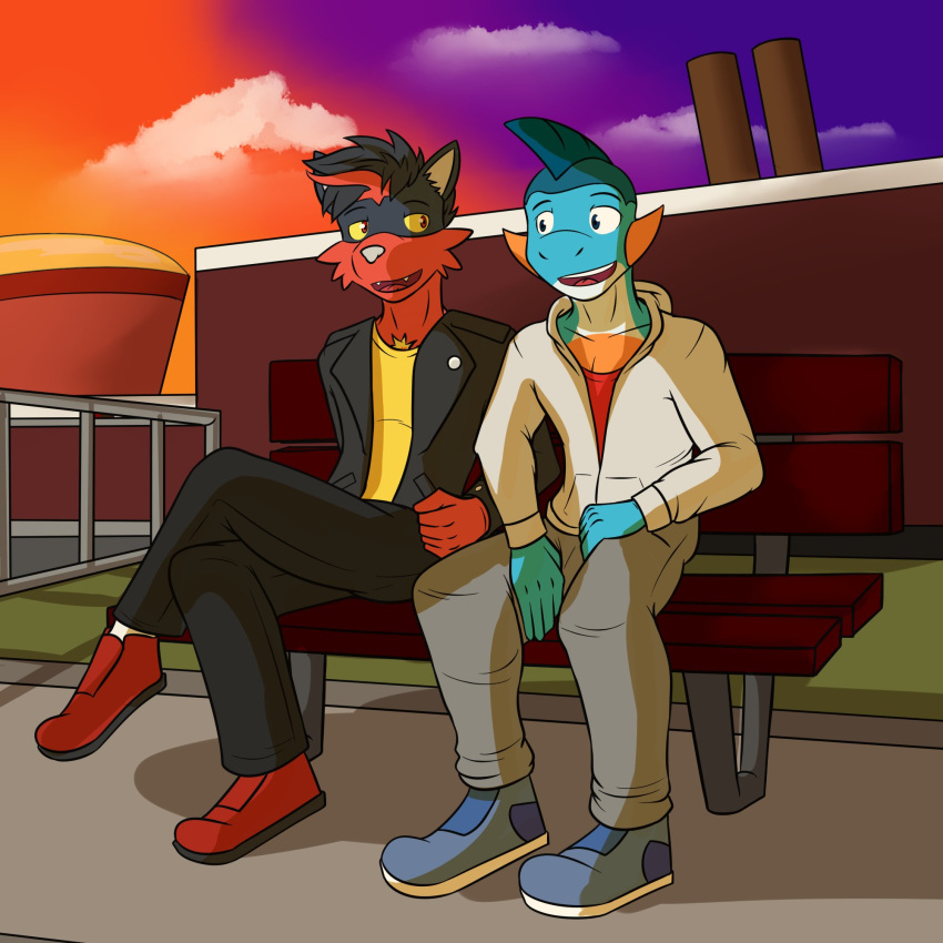 1:1 anthro anthrofied bench clothed clothing duo evening fully_clothed fuze gao_(fuze) generation_3_pokemon generation_7_pokemon hi_res lucas_(fuze) male marshtomp nintendo outside pokemon pokemon_(species) sitting torracat