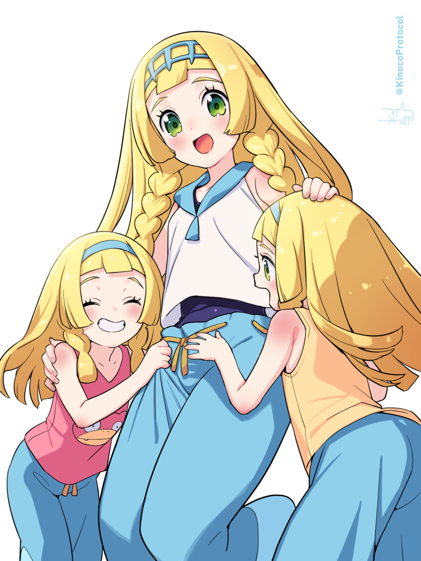 3girls :d aged_down bare_arms blonde_hair blunt_bangs blush braid character_print closed_eyes commentary_request cosplay eyelashes green_eyes grin hairband happy harper_(pokemon) harper_(pokemon)_(cosplay) highres kinocopro lana_(pokemon) lana_(pokemon)_(cosplay) lillie_(pokemon) long_hair multiple_girls open_mouth pants pink_shirt pokemon pokemon_(anime) pokemon_sm_(anime) sarah_(pokemon) sarah_(pokemon)_(cosplay) shirt siblings sisters sleeveless sleeveless_shirt slowpoke smile swimsuit swimsuit_under_clothes tank_top teeth twin_braids twitter_username watermark white_background white_shirt yellow_shirt