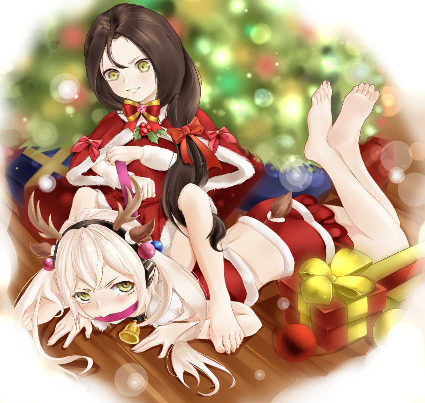 2girls absurdres angry animal_ears antlers bare_legs barefoot bell black_hair blurry blurry_background blush bow box christmas christmas_ornaments christmas_tree collar commentary_request deer_ears deer_tail destroyer_(girls'_frontline) dreamer_(girls'_frontline) dress dyamond fake_animal_ears fake_antlers feet frown gag gift gift_box girls'_frontline grin hairbow highres horns lens_flare lens_flare_abuse long_hair looking_at_another lying midriff multiple_girls neck_bell on_person on_stomach red_dress reindeer_antlers sangvis_ferri santa_costume smile soles tail the_pose toenails toes twintails white_hair yellow_eyes