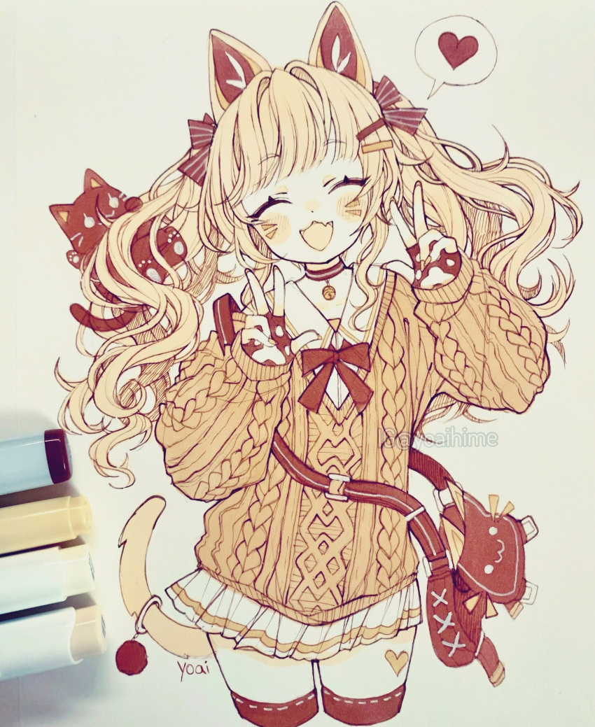 :3 :d ^_^ absurdres animal_bag animal_ears anny_(yoai) bell blonde_hair blush bow bowtie brown_bag brown_bow brown_bowtie brown_choker brown_sweater brown_theme cat_bag cat_ears cat_girl cat_tail choker closed_eyes commentary cropped_legs double_w facial_mark fangs feline female fingernails hair_ornament hairbow hairclip heart heart_tattoo highres jingle_bell leg_tattoo long_hair marker marker_(medium) monochrome neck_bell open_mouth original paw_print paw_print_palms shirt sidelocks skirt smile solo speech_bubble spoken_heart striped striped_bow sweater symbol-only_commentary tail tail_ornament tail_ring tattoo thighhighs traditional_media twintails w whisker_markings white_shirt white_skirt zettai_ryouiki