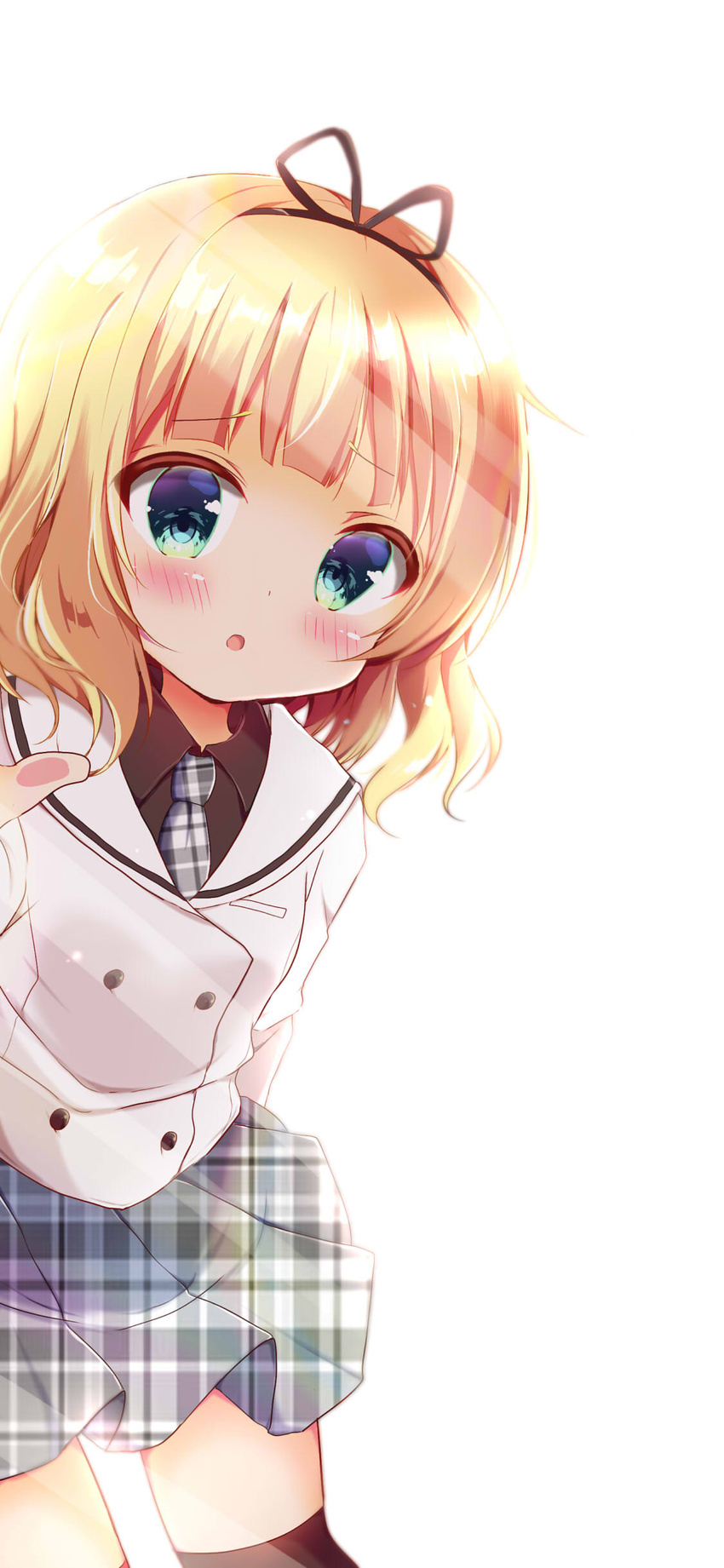 absurdres against_glass black_shirt blonde_hair blush bow buttons coat double-breasted female gochuumon_wa_usagi_desu_ka? green_eyes hairband highres kirima_syaro kiyo_(yamazoe1122) miniskirt necktie school_uniform shirt short_hair skirt solo tedeza_rize's_school_uniform thighhighs white_background white_coat zettai_ryouiki