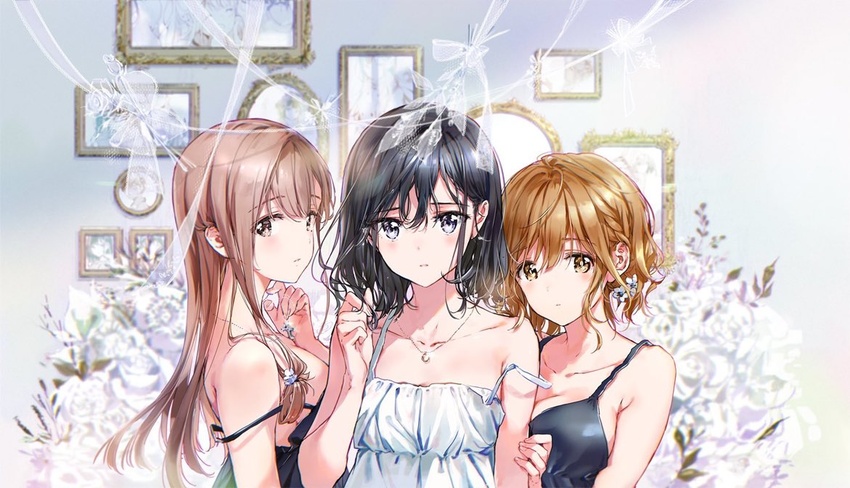 3girls adagaki_aki arm_grab black_dress black_eyes black_hair blue_flower blurry blurry_background blush braid brown_eyes brown_hair closed_mouth commentary cross cross_necklace depth_of_field dress english_commentary flower from_side fujinomiya_neko girl_sandwich hair_flower hair_ornament hand_in_own_hair indoors jewelry koiwai_yoshino light_frown long_sleeves looking_at_viewer masamune-kun_no_revenge medium_hair mixed-language_commentary multiple_girls necklace picture_frame rose sandwiched short_hair side-by-side strap_slip tiv white_dress white_flower white_rose