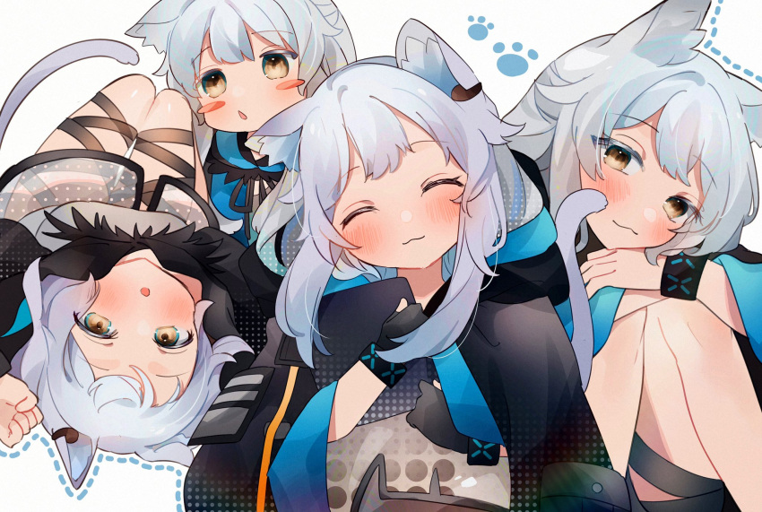 :o animal_ears arknights blush blush_stickers cat_ears cat_girl cat_tail chestnut_mouth cloak closed_eyes closed_mouth dress female green_eyes grey_hair happy highres hood hood_down hooded_cloak infection_monitor_(arknights) long_hair paw_print rosmontis_(arknights) smile tail takumi_mizuki thigh_strap white_dress