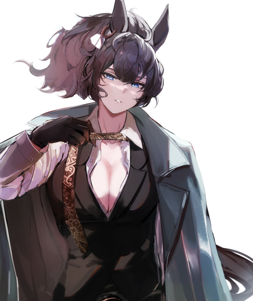 animal_ears arm_at_side black_gloves black_hair black_vest blue_eyes breasts buttons cleavage clothes_pull coat coat_on_shoulders collarbone collared_shirt commission earrings female floating_hair gloves half-closed_eyes hand_up head_tilt high_ponytail highres hoop_earrings horse_ears inaba_(usanopo) jewelry large_breasts lips long_hair long_sleeves looking_at_viewer necktie necktie_grab neckwear_grab original parted_bangs parted_lips partially_unbuttoned pixiv_commission pulling_own_clothes shirt simple_background solo upper_body vest white_background white_shirt wing_collar