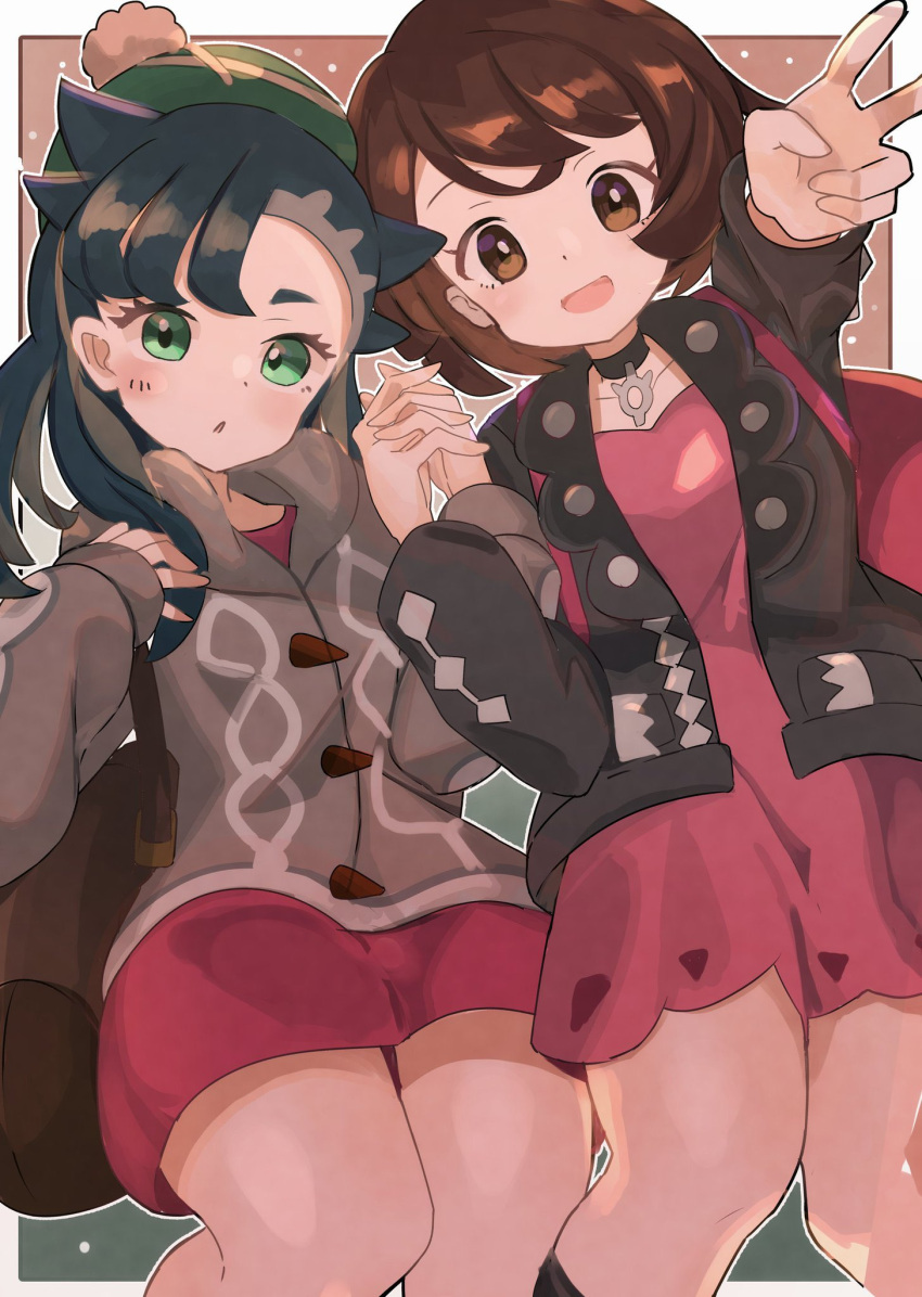 2girls :o asymmetrical_bangs backpack bad_id bad_twitter_id bag black_hair black_jacket blush brown_eyes brown_hair choker cosplay costume_switch dress gloria_(pokemon) gloria_(pokemon)_(cosplay) green_eyes grey_jacket hands_up hat highres holding_hands hood hooded_jacket interlocked_fingers jacket looking_at_viewer marnie_(pokemon) marnie_(pokemon)_(cosplay) multiple_girls open_mouth pink_dress pokemon pokemon_swsh red_dress smile umiru v yuri