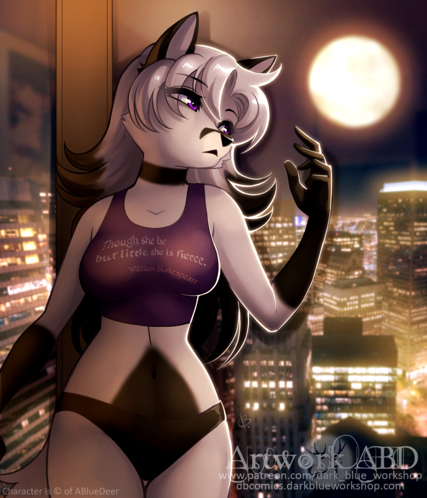 2020 5_fingers abluedeer anthro arctic_fox black_body black_clothing black_fur black_hair black_markings black_nose black_underwear bra breasts building canid canine city clothed clothing crop_top detailed_background digital_media_(artwork) english_text eyebrows facial_markings female fingers fox full_moon fur gloves_(marking) hair head_markings hi_res holly_(abluedeer) inside mammal markings midriff moon moon_lace multicolored_body multicolored_fur multicolored_hair night panties purple_clothing purple_eyes purple_shirt purple_topwear shirt solo standing tail text topwear true_fox two_tone_body two_tone_fur two_tone_hair underwear url white_body white_fur white_hair white_tail window