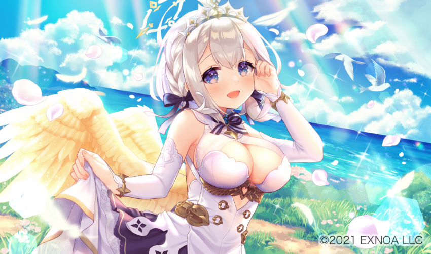 :d angel_wings angelic_link bird blush breasts cleavage cleavage_cutout clothing_cutout cloud cloudy_sky commentary_request day detached_sleeves female grass grey_hair halo large_breasts lens_flare long_sleeves looking_at_viewer michael_(angelic_link) non-circular_lens_flare ocean official_art outdoors pico_(p_i_c_o) purple_eyes short_hair skirt_hold sky smile solo tiara tucking_hair upper_body wings yellow_wings