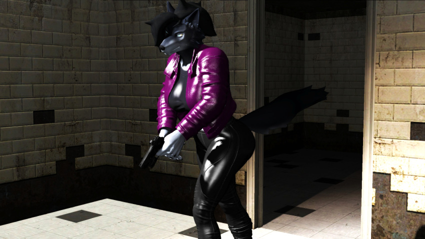 16:9 3d_(artwork) anthro big_breasts bottomwear breasts canid canine canis clothed clothing digital_media_(artwork) female fur garry's_mod gun hair handgun hi_res holding_object holding_weapon mammal pants pistol ranged_weapon shirt simple_background solo topwear viper-desires weapon widescreen wolf wolf_(petruz)