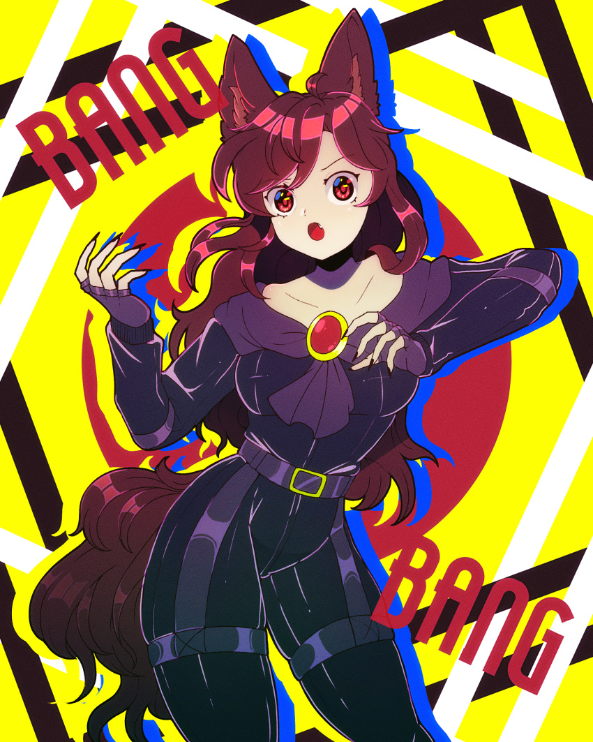 :o absurdres akatsuki_records alternate_costume animal_ear_fluff animal_ears belt black_belt black_bodysuit black_nails bodysuit breasts brooch brown_eyes brown_hair collarbone contrapposto dungeon_toaster feet_out_of_frame female fingerless_gloves fingernails garter_straps gem gloves highres imaizumi_kagerou jewelry long_hair looking_at_viewer medium_breasts oerba_yun_fang open_mouth red_gemstone rock_'n'_rock_'n'_beat sharp_fingernails sidelocks solo tail touhou v-shaped_eyebrows wolf_ears wolf_girl wolf_tail yellow_background