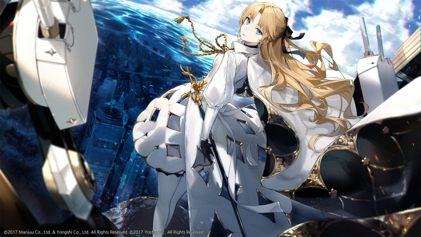 artillery azur_lane black_cape black_gloves black_ribbon blonde_hair blue_eyes blue_sky cape cloud day dress dutch_angle feet_out_of_frame female gloves gold_trim hair_ribbon highres long_hair long_sleeves looking_at_viewer looking_back official_art outdoors puffy_sleeves ribbon rigging scabbard sheath sheathed sky solo sword thighhighs turret two-sided_cape two-sided_fabric underwater_city vanguard_(azur_lane) walking walking_on_liquid weapon white_cape white_dress white_theme white_thighhighs yohaku