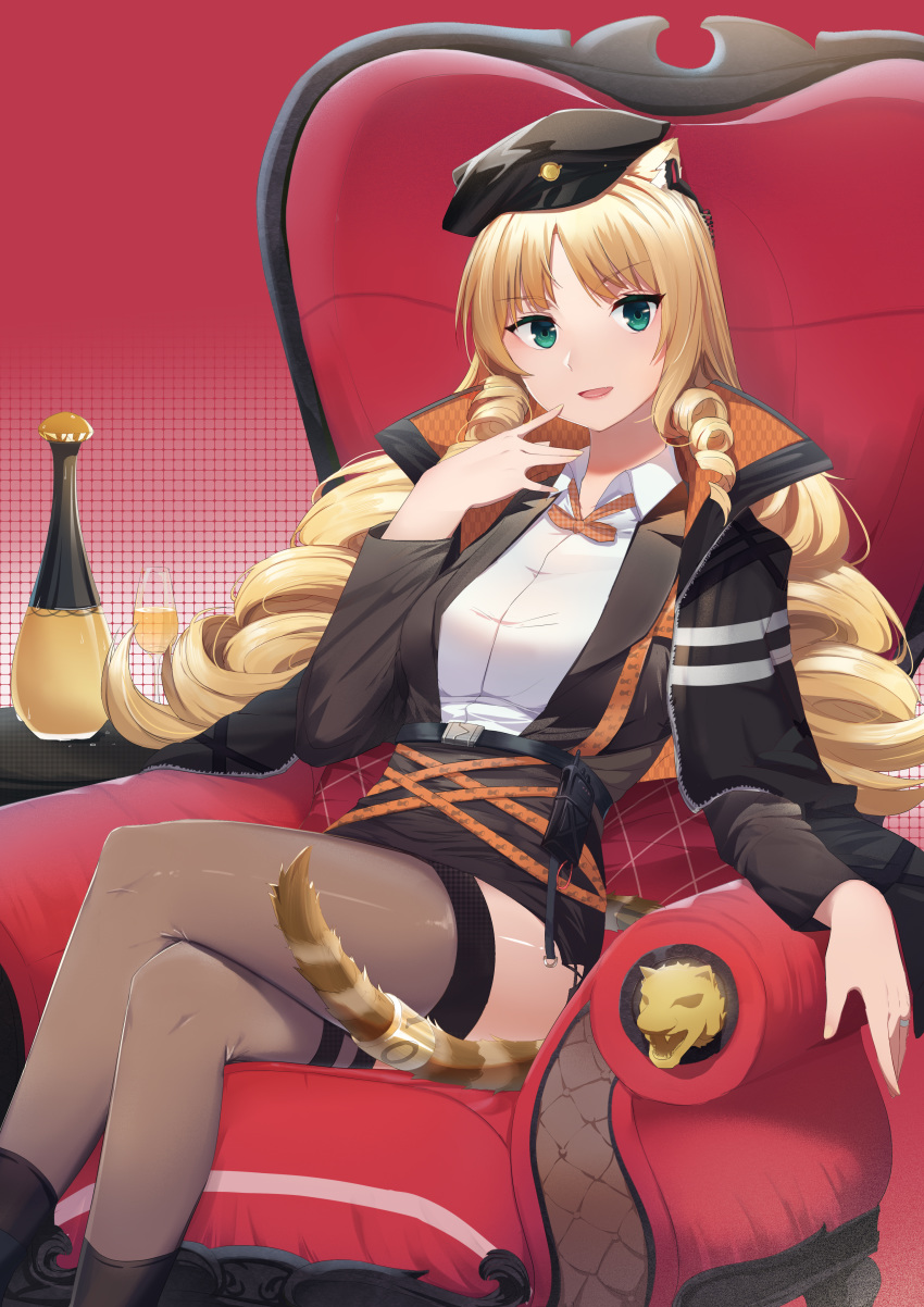 7t absurdres alternate_costume animal_ears arknights black_footwear black_jacket blonde_hair blue_eyes boots bottle breasts brown_thighhighs chair chinese_commentary collared_shirt cowboy_shot crossed_legs cup drill_hair drinking_glass female formal hand_to_own_mouth highres jacket jacket_on_shoulders long_hair looking_at_viewer medium_breasts neck_ribbon open_mouth orange_ribbon parted_bangs patterned_background plaid plaid_neckwear plaid_ribbon quad_drills red_background ribbon shirt side_drill sitting smile solo suit swire_(arknights) tail tail_ornament tail_ring thighhighs thighs throne tiger_ears tiger_tail twintails walkie-talkie white_shirt wine_bottle wine_glass wing_collar yagasuri zettai_ryouiki