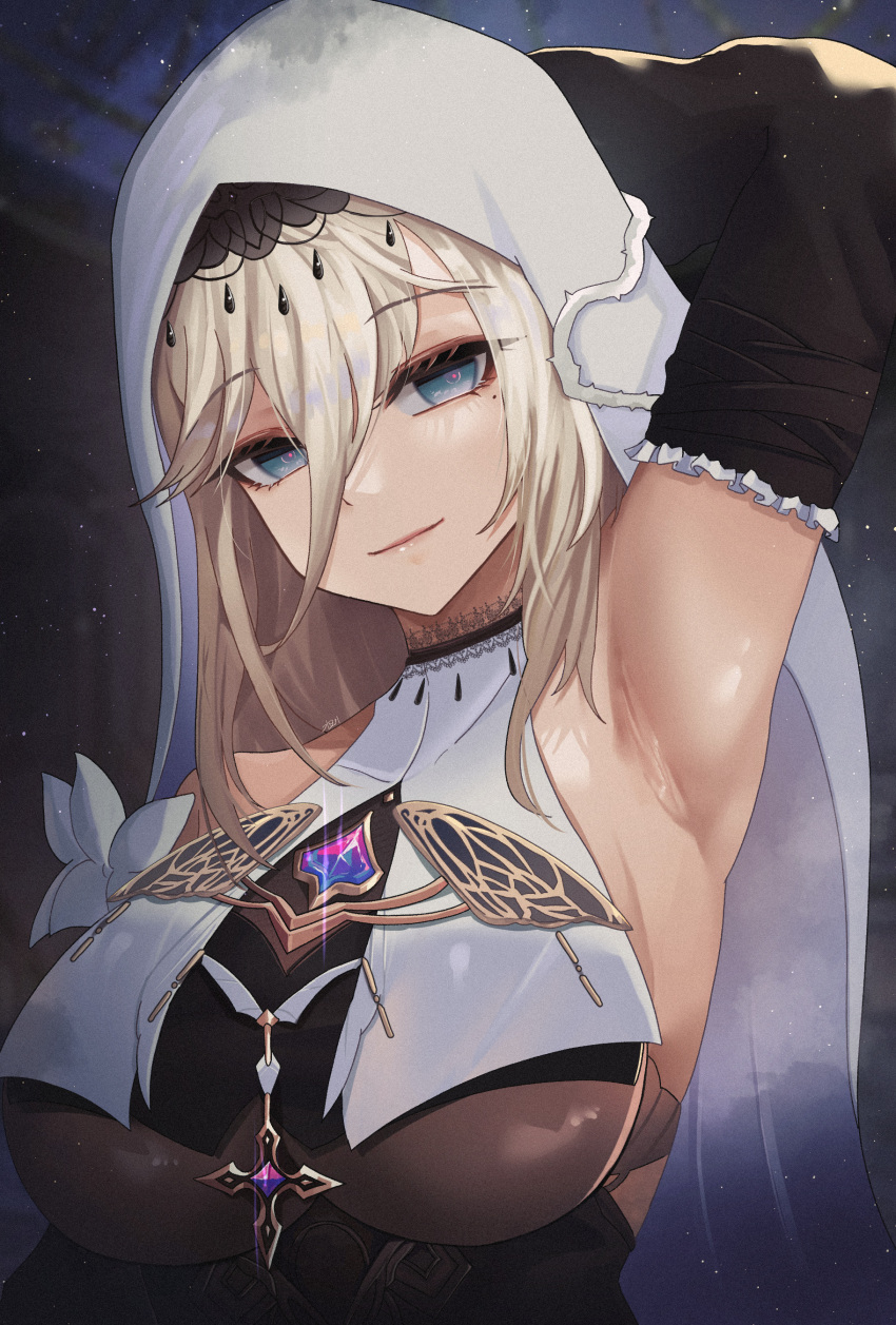 absurdres aponia_(honkai_impact) arm_up armpits black_dress black_sleeves blue_eyes breasts brown_hair chest_jewel closed_mouth dress female gmg habit hair_between_eyes highres honkai_(series) honkai_impact_3rd large_breasts lips long_hair looking_at_viewer mole mole_under_eye nun sleeveless smile solo upper_body veil