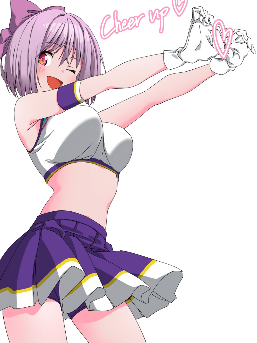 absurdres breasts cheerleader cowboy_shot cropped_shirt english_text female gridman_universe heart heart_hands highres isme large_breasts miniskirt one_eye_closed purple_hair purple_shorts purple_skirt red_eyes shinjou_akane shirt short_hair short_shorts shorts simple_background skirt solo ssss.gridman white_background white_shirt