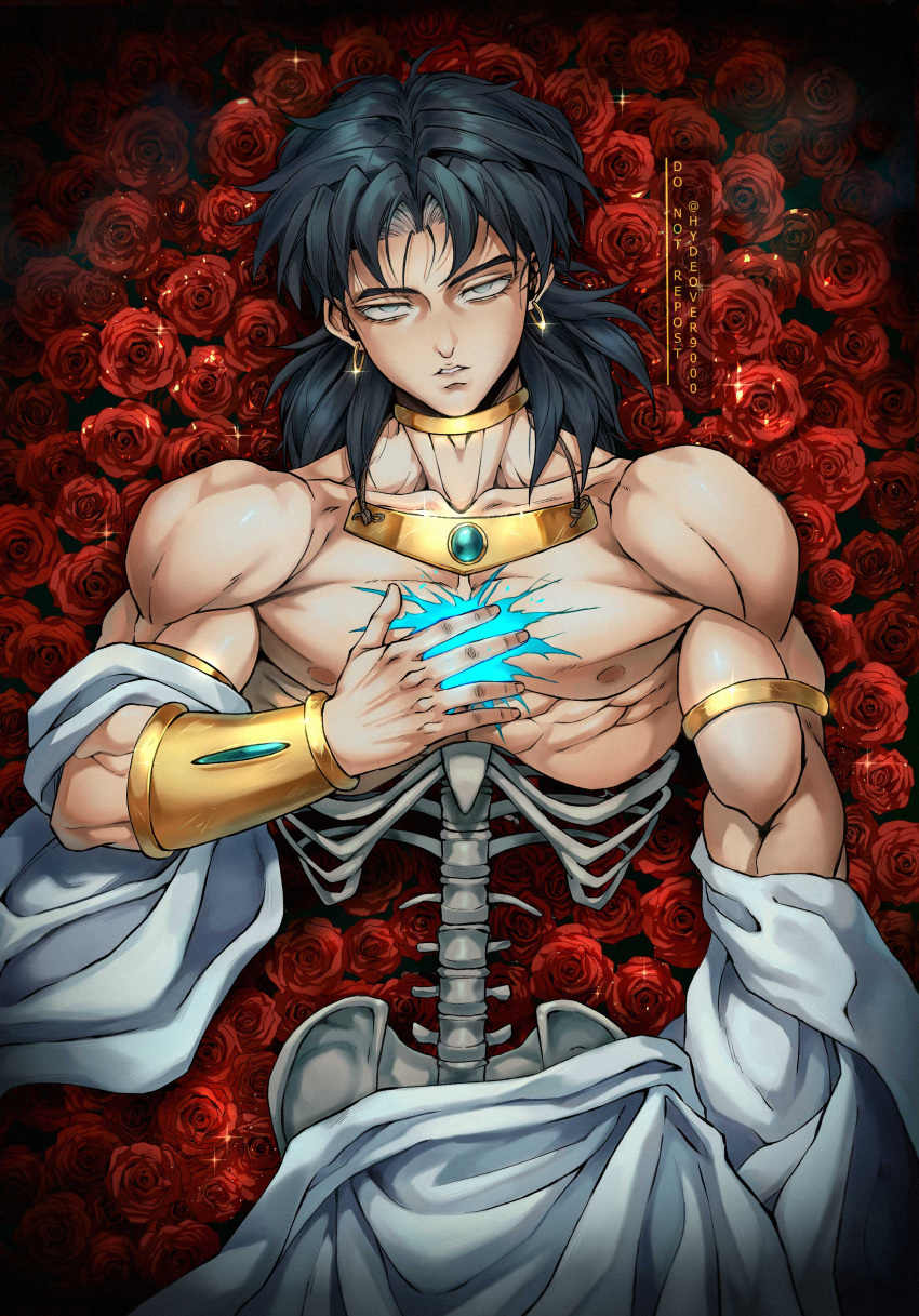 1boy absurdres bed_of_roses black_hair broly_(dragon_ball_super) collarbone dragon_ball dragon_ball_super earrings fingernails flower gold_choker grey_eyes hand_on_own_chest highres hoop_earrings hydeover9000 jewelry light_particles looking_at_viewer lying male_focus muscular muscular_male nipples on_back parted_lips red_flower red_rose robe rose skeleton solo sparkle twitter_username