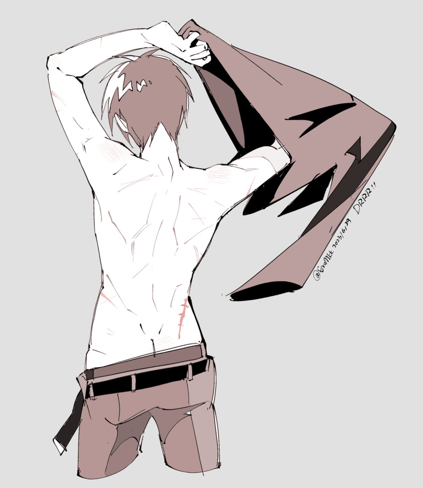 1boy arm_up back back_muscles belt butt_crack cropped_legs durarara!! eromkk grey_background greyscale highres male_focus monochrome orihara_izaya pants scar scar_on_hip shirt short_hair simple_background solo topless_male twitter_username undressing unworn_clothes