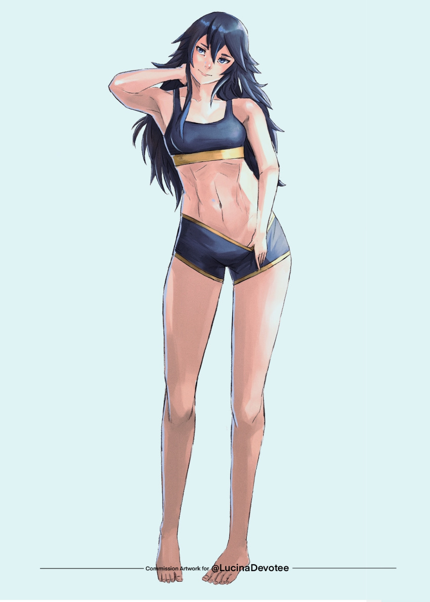 arm_behind_head blue_eyes blue_hair clothes_pull commission crop_top english_commentary female fire_emblem fire_emblem_awakening full_body highres long_hair looking_at_viewer lucina_(fire_emblem) navel rod_langhi short_shorts shorts shorts_pull simple_background sleeveless solo toned white_background