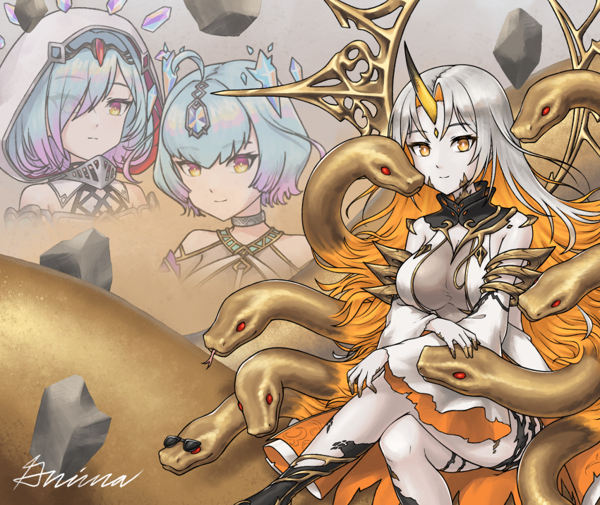 3girls ahoge aqua_hair blonde_hair breasts closed_mouth colored_inner_hair crossed_legs detached_sleeves dress facial_mark fire_emblem fire_emblem_heroes floating forehead_jewel grey_hair grimaisbestwaifu gullveig_(fire_emblem) highres hood hood_up horns kvasir_(fire_emblem) large_breasts long_hair looking_at_viewer mixed-language_commentary multicolored_hair multiple_girls orange_eyes pale_skin purple_hair red_eyes seidr_(fire_emblem) short_hair signature single_horn sitting smile snake_hair sunglasses very_long_hair white_dress yellow_eyes yellow_horns