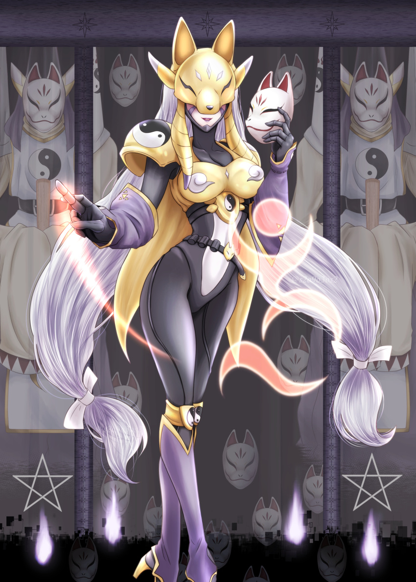 absurdres armor black_bodysuit bodysuit breasts covered_collarbone digimon digimon_(creature) evolutionary_line feet_out_of_frame female fox_mask glowing_finger gold_armor grey_hair highres kumi_(s2o9o3os2) large_breasts long_hair looking_at_viewer mask sakuyamon shoulder_armor smile solo_focus standing taomon very_long_hair