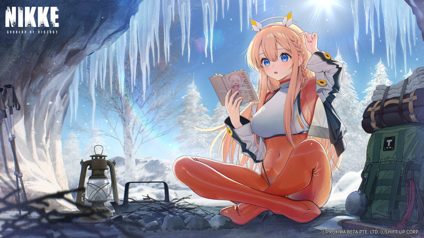 3girls alice_(nikke) animal_ear_headphones animal_ears backpack bag blonde_hair blue_eyes blue_sky bodysuit book cave chibi covered_navel crossed_legs fake_animal_ears full_body fur_hat fur_trim goddess_of_victory:_nikke grey_hair hair_between_eyes hat headphones headset highres hiking_pole holding holding_book icicle indian_style jacket lantern long_hair long_sleeves ludmilla_(nikke) multiple_girls official_art oli_o_o on_ground open_clothes open_jacket open_mouth orange_bodysuit outdoors pink_bodysuit pink_eyes pink_headphones red_jacket second-party_source shrug_(clothing) sitting sky smile snow sun tove_(nikke) tree twintails ushanka watermark