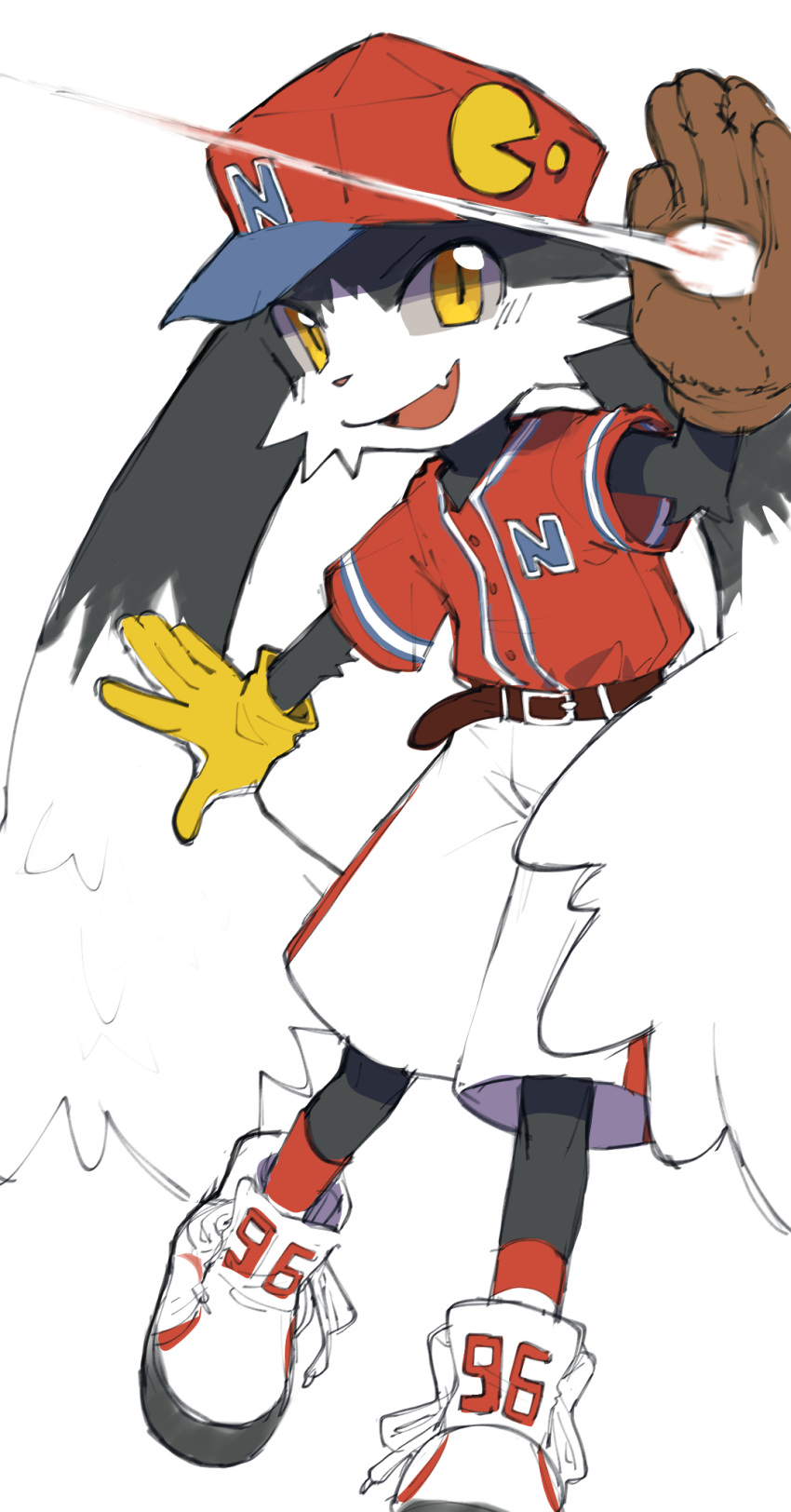 5_fingers anthro ball bandai_namco baseball_(ball) baseball_(sport) baseball_cap baseball_glove baseball_uniform belt biped black_body black_fur bottomwear catching clothing digital_media_(artwork) domestic_cat felid feline felis fingers footwear fur gloves handwear hat headgear headwear hi_res hybrid klonoa klonoa_(series) lagomorph leporid long_ears male male_anthro mammal open_mouth rabbit red_baseball_cap resistor05 shirt shoes short short_anthro short_male shorts sneakers solo sport sportswear topwear uniform white_body white_bottomwear white_clothing white_fur white_shorts yellow_clothing yellow_eyes yellow_gloves yellow_handwear