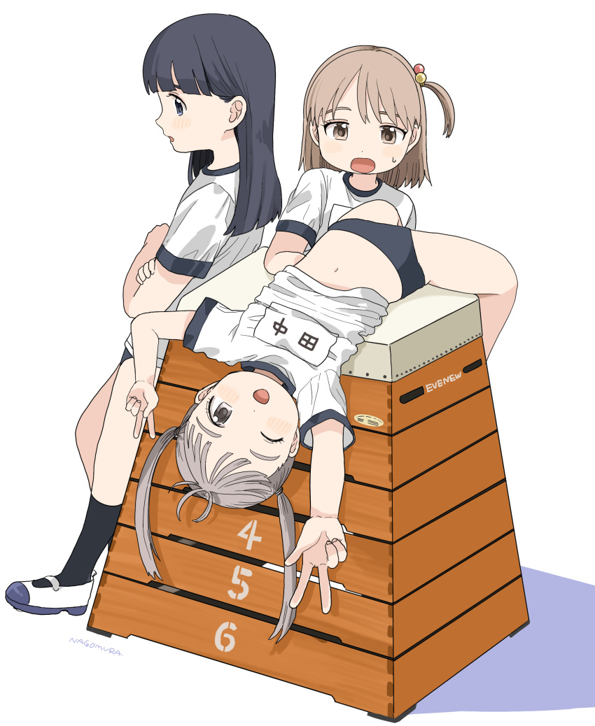 3girls absurdres artist_name black_socks blue_buruma blue_eyes blue_hair blush brown_eyes buruma clothes_lift commentary_request crossed_arms dot_nose double_v flat_chest full_body grey_eyes grey_hair gym_shirt gym_uniform hair_behind_ear hair_bobbles hair_ornament highres light_brown_hair long_hair looking_at_another midriff multiple_girls nagomurasan navel one_eye_closed one_side_up open_mouth original petite shirt shirt_lift shoes short_sleeves smile socks standing sweat twintails uwabaki v vaulting_horse white_background white_footwear white_shirt