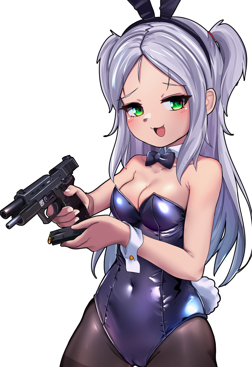 :3 animal_ears azur_lane bare_shoulders black_bow black_bowtie black_leotard black_pantyhose bow bowtie breasts cleavage commentary_request dedorudy detached_collar fake_animal_ears female green_eyes grey_hair gun handgun highres leotard long_hair medium_breasts pantyhose playboy_bunny rabbit_ears rabbit_tail simple_background sims_(azur_lane) smile solo strapless strapless_leotard tail thighband_pantyhose two_side_up weapon white_background wrist_cuffs