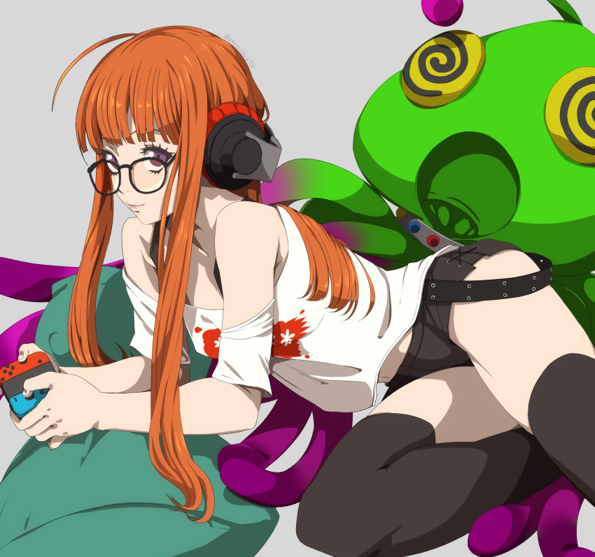 @_@ ahoge alien_costume antennae bare_shoulders black_shorts black_thighhighs controller female game_controller glasses headphones highres holding holding_controller holding_game_controller long_hair looking_at_viewer lying nintendo_switch orange_hair persona persona_5 pillow purple_eyes sakura_futaba shirt shorts simple_background solo tentacle thighhighs umenituru white_shirt zettai_ryouiki