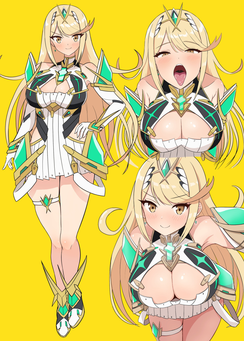 absurdres bare_legs bare_shoulders blonde_hair blush breasts chest_jewel cleavage cleavage_cutout clothing_cutout downblouse dress female flipped_bangs full_body hands_on_own_chest headpiece highres large_breasts leaning_forward light_blush long_hair looking_at_viewer microdress multiple_views mythra_(xenoblade) open_mouth oral_invitation short_dress smile symbol-shaped_pupils thigh_strap tongue tongue_out upper_body uvula white_dress xenoblade_chronicles_(series) xenoblade_chronicles_2 yellow_eyes yoshikirino